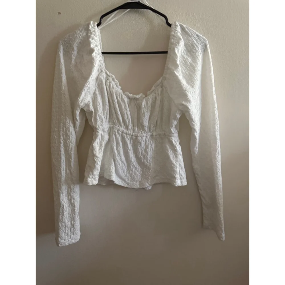 Women's Free People White Milkmaid Textured Long Sleeve Blouse L